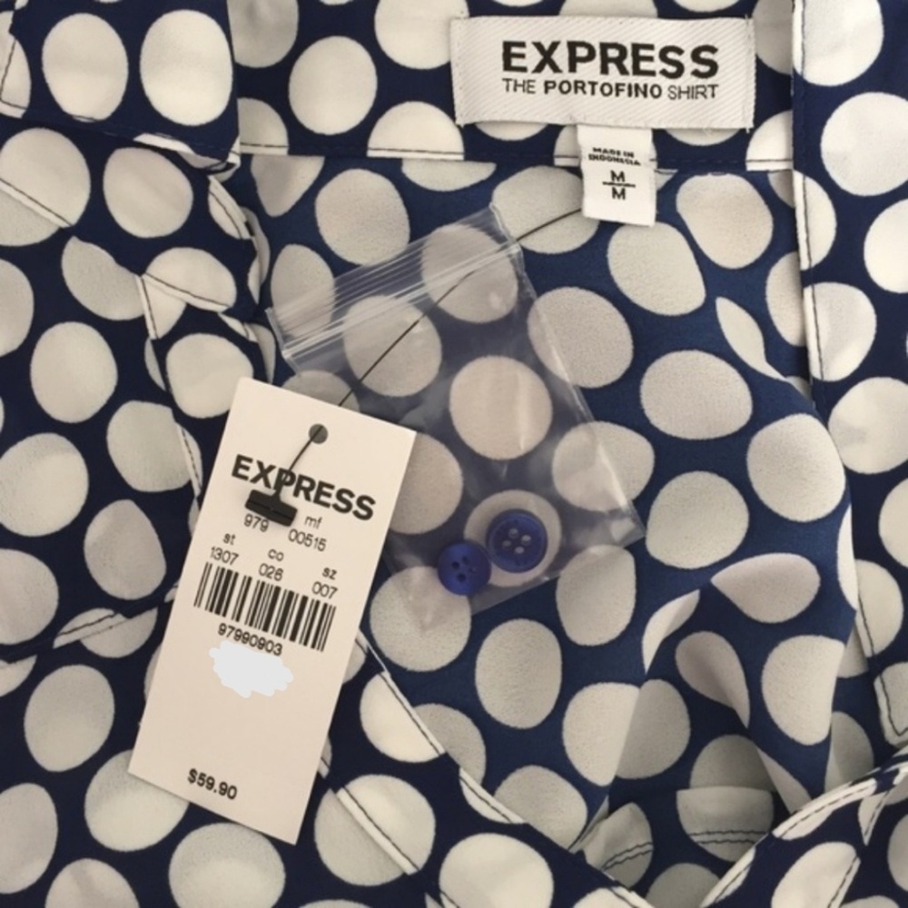 Express Blue & White Polka Dot Button Down Blouse - Picture 8 of 8